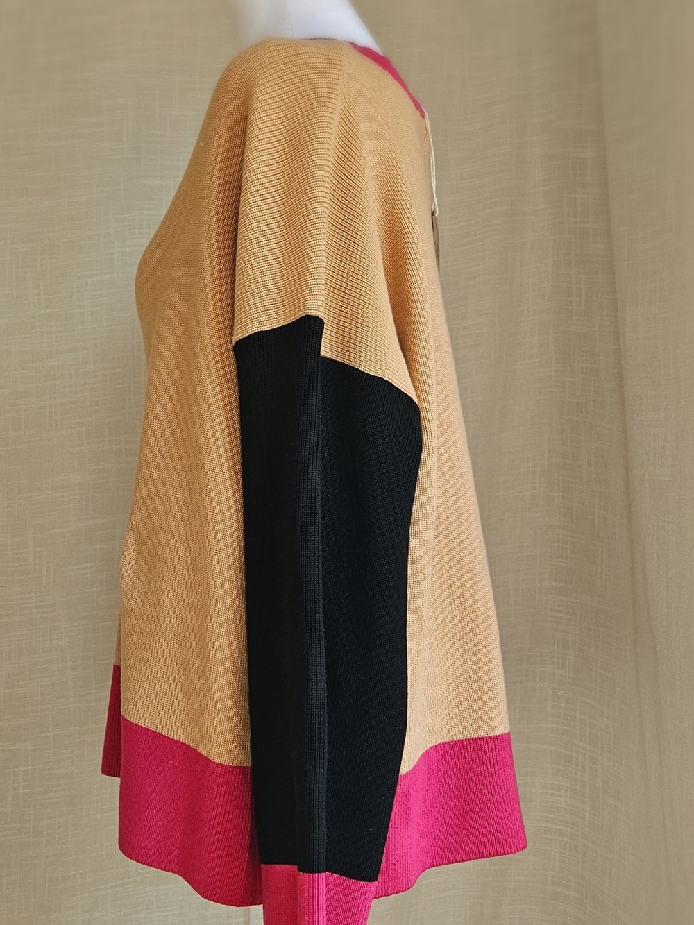 BiBi Colorblock Knit Sweater NWT Medium Tan Pink Black Wool Blend Oversized - Picture 6 of 12
